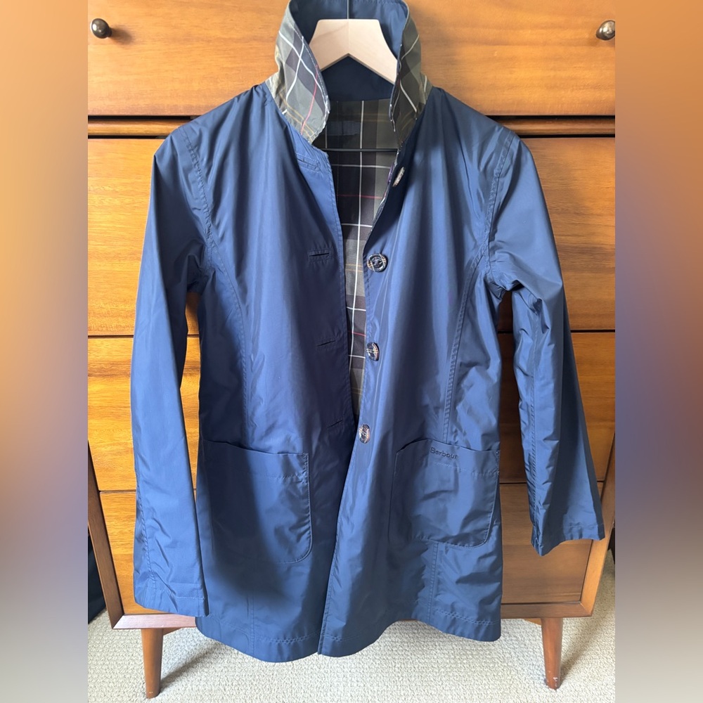 Barbour Women’s Reversible Derby Mac Navy/Plaid Raincoat Rain Jacket UK8 / US4